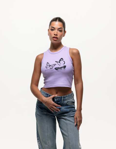 Top lila sin mangas con estampado de mariposa de canalé de Good For Nothing - view 1