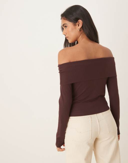 Top marrón chocolate abotonado con escote Bardot de ASOS DESIGN, 3 de 4