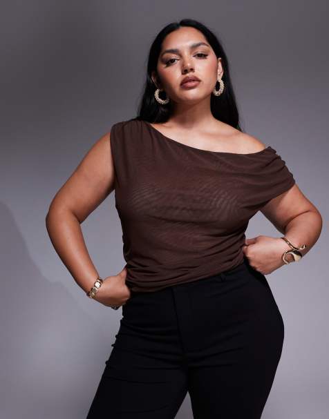 Top marrón chocolate asimétrico y fruncido de malla de ASOS DESIGN Curve - view 1