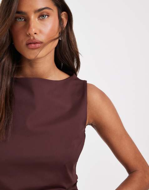 Top marrón chocolate ceñido con cuello barco de poliamida de ASOS DESIGN - view 1