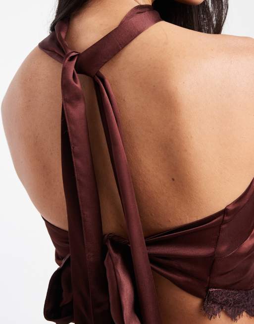 Top marrón chocolate con bajo asimétrico y lazada al cuello de Miss Selfridge (parte de un conjunto), 4 de 4