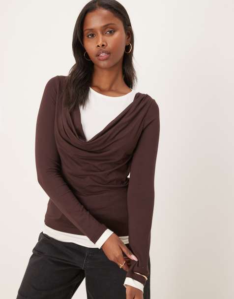 Top marrón chocolate con cuello desbocado y diseño de dos capas de ASOS DESIGN - view 1