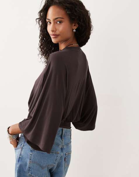 Top marrón chocolate con mangas murciélago y cintura ceñida de ASOS DESIGN - view 1