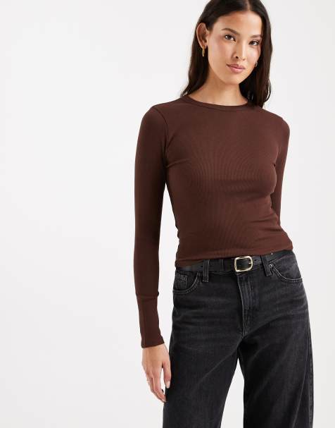 Top marrón chocolate de manga larga con cuello redondo de canalé de ASOS DESIGN - view 1