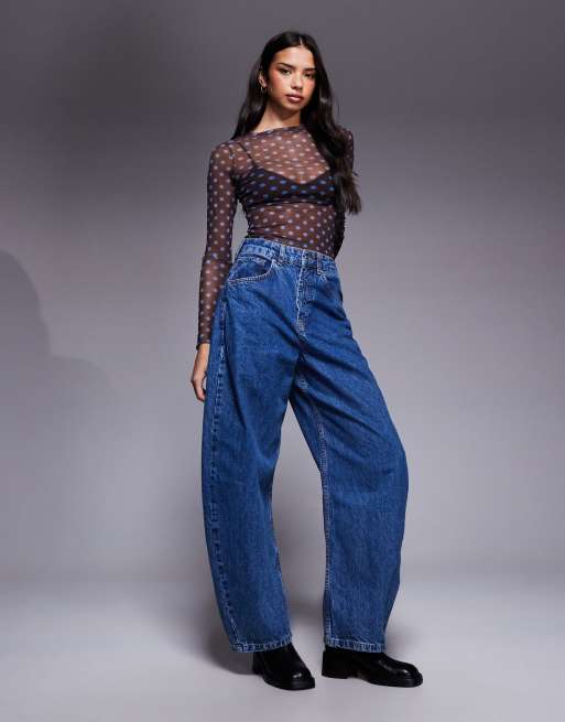 Top marrón chocolate de manga larga con lunares azules de malla de ASOS DESIGN, 3 de 4