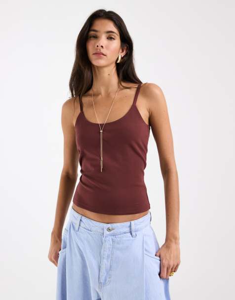 Top marrón chocolate de tirantes con cuello ancho de tejido doble de ASOS DESIGN - view 1