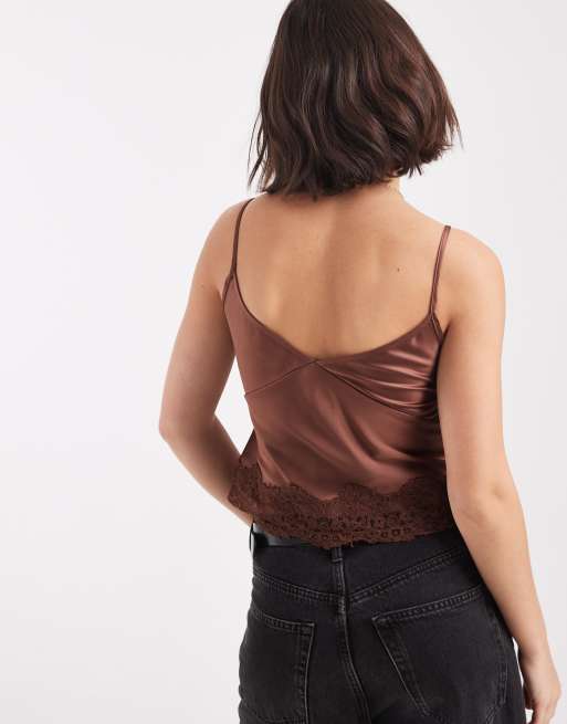 Top marrón chocolate de tirantes con detalle de ribetes de encaje de ASOS DESIGN, 3 de 4