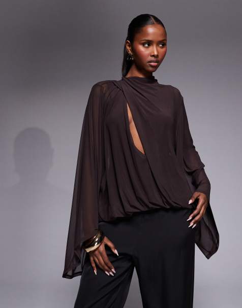 Top marrón chocolate estilo blusón con cuello drapeado y desbocado de malla de ASOS DESIGN - view 1