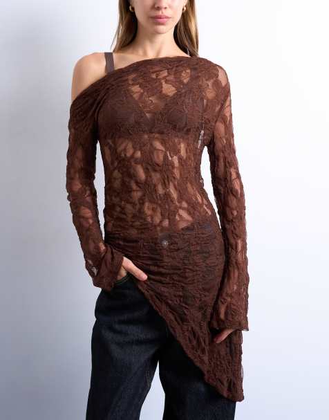 Top marrón chocolate estilo túnica de manga larga con hombro caído de encaje de Topshop - view 1