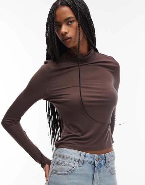 Top marrón chocolate semitransparente efecto segunda piel de manga larga con cuello alzado de ASOS DESIGN - view 1