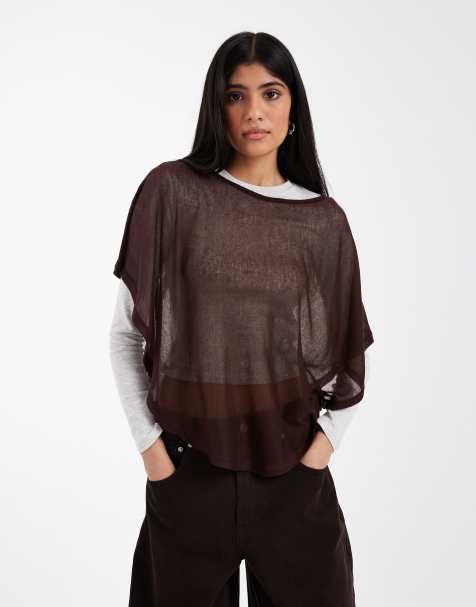 Top marrón chocolate semitransparente estilo capa con cuello barco de tejido efecto punto de ASOS DESIGN - view 1
