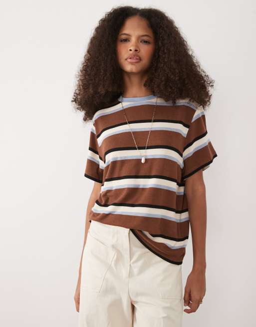 Top marrón chocolate y azul claro a rayas de corte cuadrado de punto liso de ASOS DESIGN (parte de un conjunto), 2 de 4