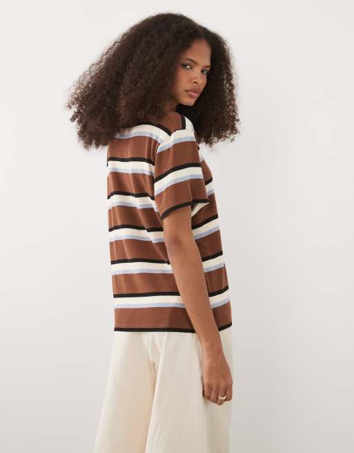 Top marrón chocolate y azul claro a rayas de corte cuadrado de punto liso de ASOS DESIGN (parte de un conjunto), 4 de 4