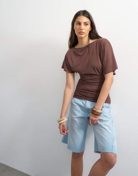 Top marrón con lateral fruncido de cupro de Topshop - view 1
