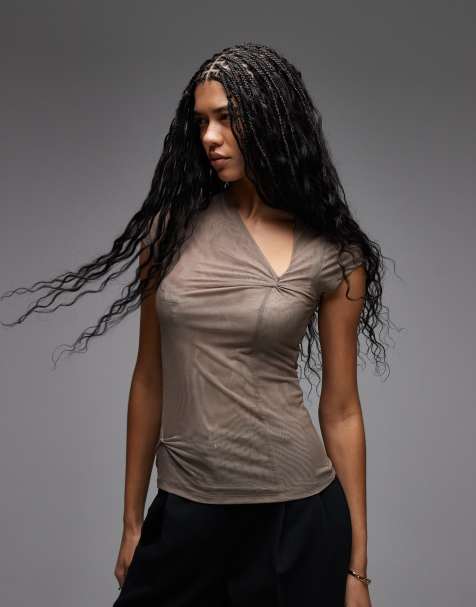 Top marrón con mangas de casquillo y detalle anudado de malla de ASOS DESIGN - view 1