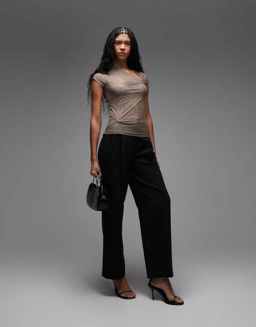 Top marrón con mangas de casquillo y detalle anudado de malla de ASOS DESIGN, 2 de 4