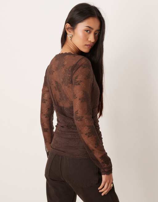 Top marrón de manga larga con escote corazón de encaje de Abercrombie & Fitch, 4 de 4