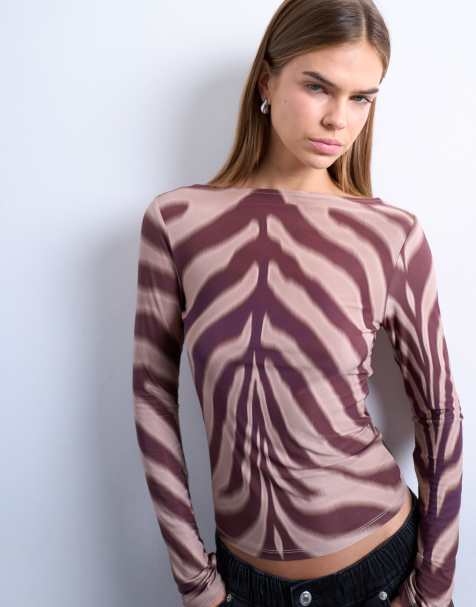 Top marrón de manga larga con estampado de cebra de microfibra de Topshop - view 1