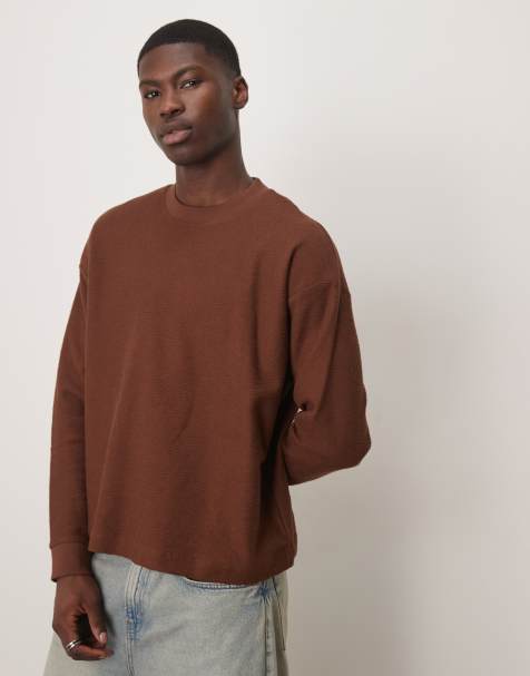 Top marrón de manga larga de corte cuadrado extragrande de tejido grueso texturizado premium de ASOS DESIGN - view 1