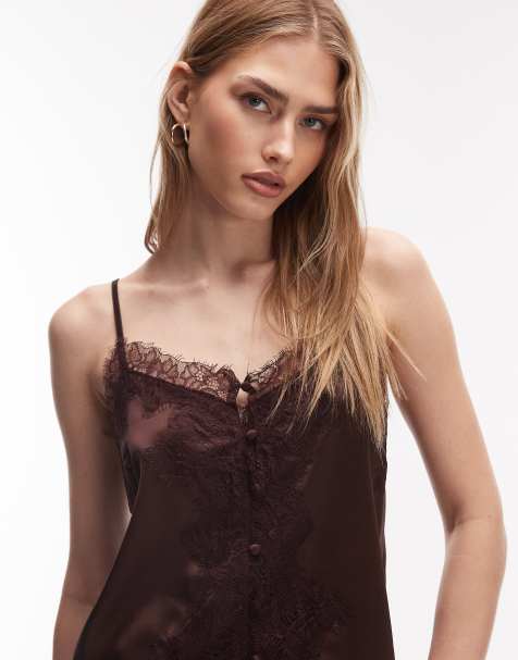 Top marrón de tirantes de satén con lazada y ribete de encaje de ASOS DESIGN - view 1