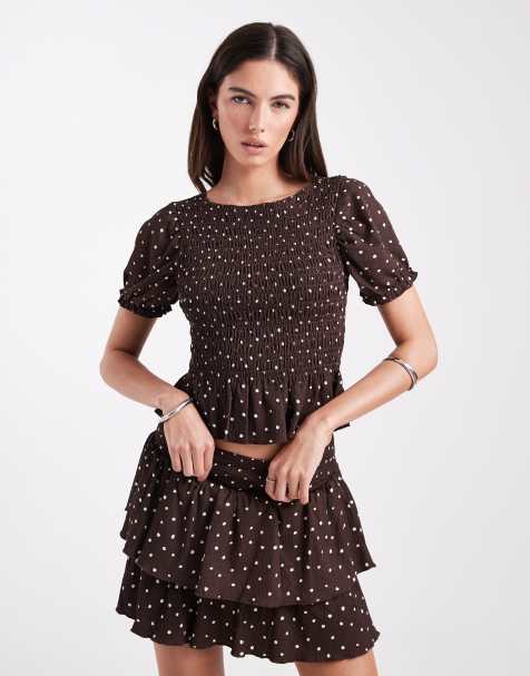 Top marrón fruncido elástico con estampado de lunares de ONLY (parte de un conjunto) - view 1