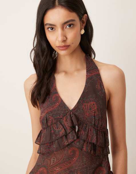 Top marrón real con estampado de cachemir, cuello halter y volantes Casoya de Motel (parte de un conjunto) - view 1