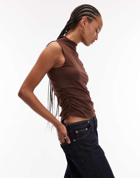 Top marrón sin mangas con lateral fruncido de tejido suave de ASOS DESIGN - view 1