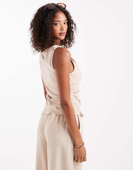 Top marrón topo asimétrico y fruncido de ASOS DESIGN (parte de un conjunto) , 4 de 4