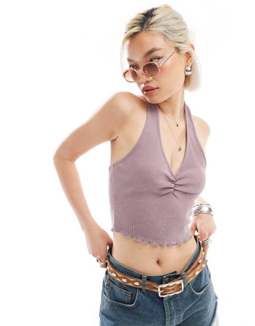 Top morado con cuello halter y detalle fruncido de canalé de Reclaimed Vintage