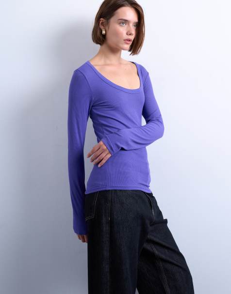 Top morado de manga larga con cuello ancho de canalé premium de Topshop - view 1