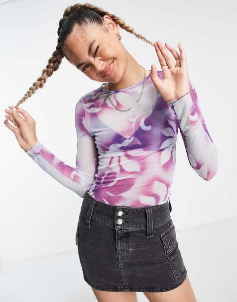 Top morado de manga larga con estampado floral de malla de Weekday - view 1