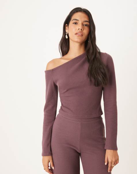 Top morado empolvado de manga larga con hombro caído de tejido muy suave de ASOS DESIGN (parte de un conjunto) - view 1