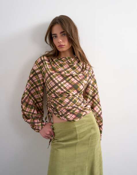 Top multicolor a cuadros de manga larga con lateral fruncido de Topshop - view 1