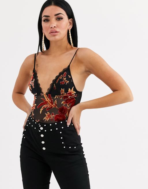 Top multicolor de tirantes de terciopelo de efecto devoré ribete de de Tiger Mist |