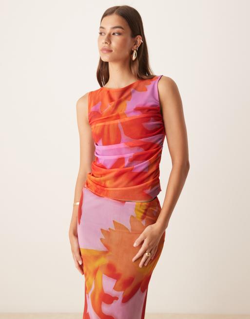 Top naranja con estampado floral tropical extragrande y cuello barco de malla de ASOS DESIGN (parte de un conjunto)