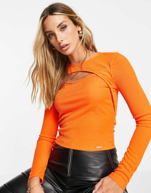 Top naranja de manga larga con abertura frontal de River Island
