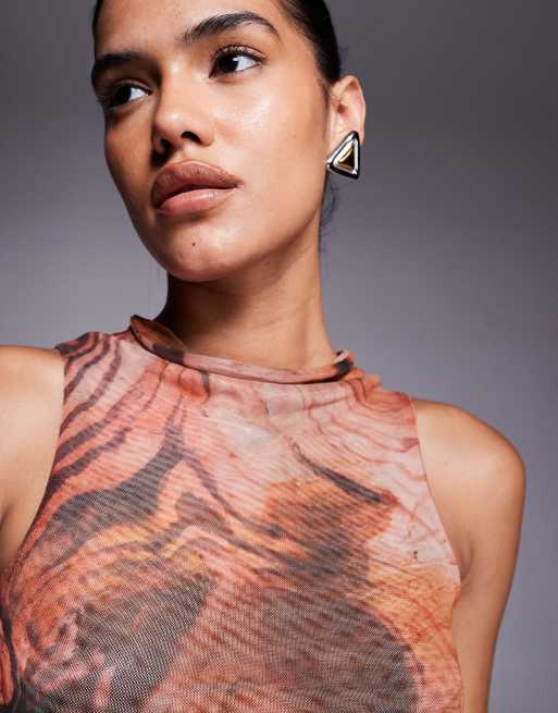 Top naranja sin mangas con estampado abstracto y cuello subido desbocado de malla transparente Mix & Match de ASOS DESIGN, 4 de 4