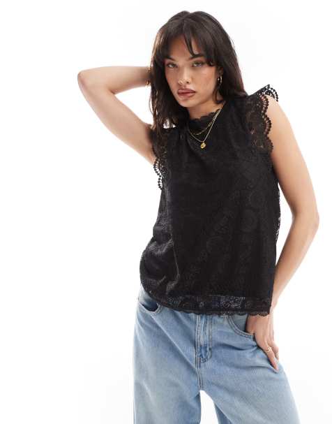 Top negra sin mangas con cuello alto de encaje de PIECES - view 1