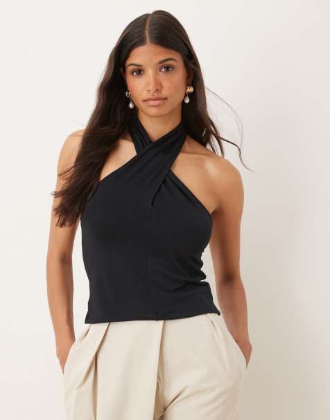 Top negro abotonado con cuello halter cruzado de ASOS DESIGN - view 1