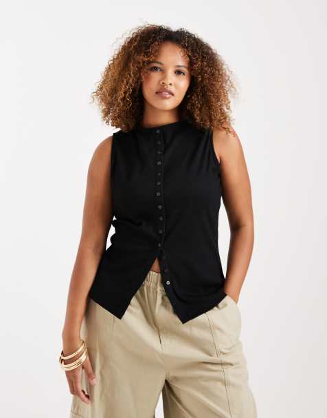 Top negro abotonado sin mangas con cuello barco de New Look Curve - view 1