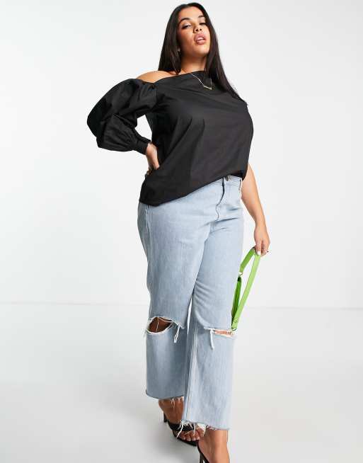 Top negro asimétrico con abertura exclusivo de In The Style Plus, 4 de 4