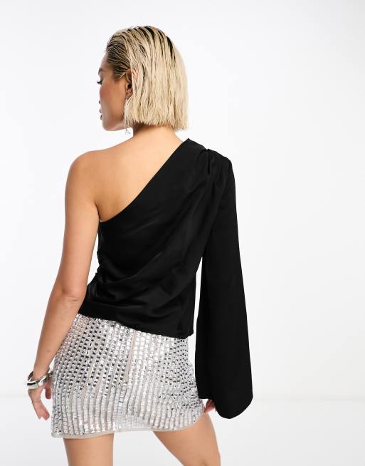 Top negro asimétrico con cuello anudado y drapeado y manga acampanada de & Other Stories, 3 de 4