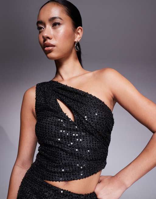Top negro asimétrico con detalle fruncido de lentejuelas de ASOS