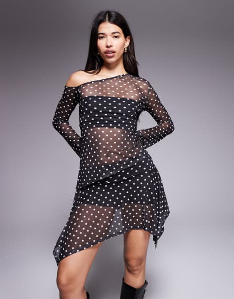 Top negro asimétrico con estampado de lunares blancos y hombro caído de malla transparente de ASOS DESIGN - view 1