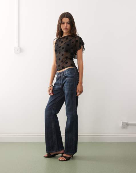 Top negro asimétrico con estampado de lunares de malla de COLLUSION - view 1