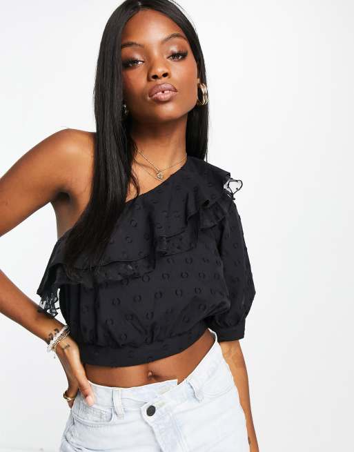 Top negro asimétrico con volante de plumeti de River Island