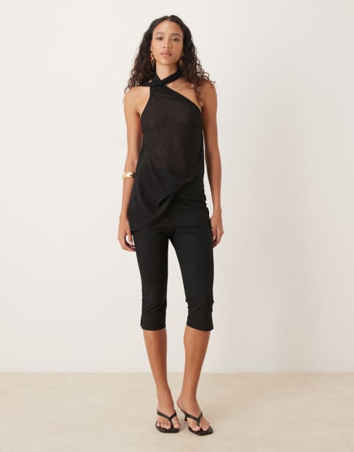 Top negro asimétrico y holgado con detalle de fular de tejido transparente de ASOS DESIGN, 4 de 4