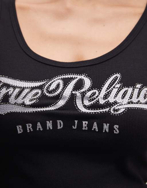 Top negro azabache de tirantes con escote cuadrado de canalé de True Religion, 3 de 4
