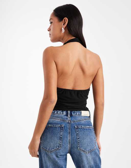Top negro ceñido con cuello halter desbocado y bajo asimétrico de ASOS DESIGN, 2 de 4