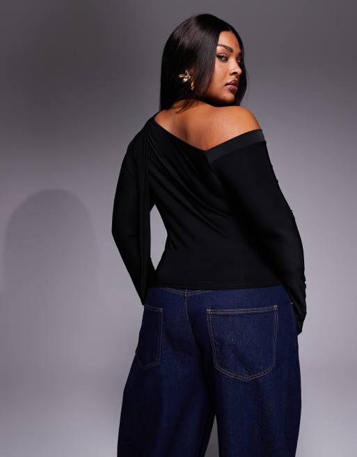 Top negro ceñido con escote Bardot y fular al cuello de ASOS DESIGN Curve, 4 de 4